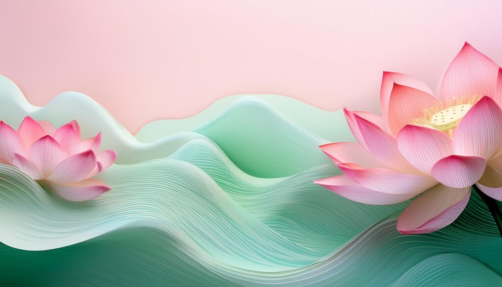 Delicate pink lotus flowers rest atop a wave of soft green, creating a tranquil scene.